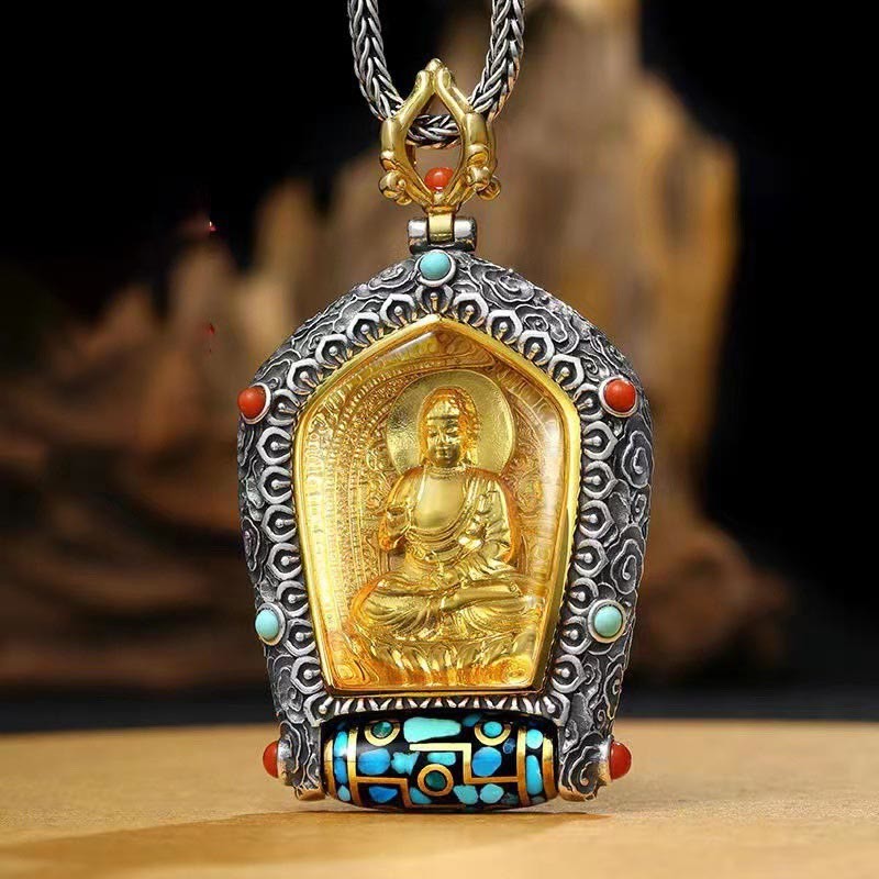 Tibet Chinese Zodiac Natal mystic zen Thangka Prosperity Rotatable Dzi Bead Necklace Pendant