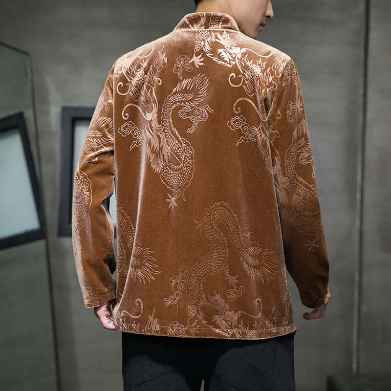 Men's Frog-button Tang Suit Dragon Pattern Lisvelte Cotton Jacket Shirt With Pockets