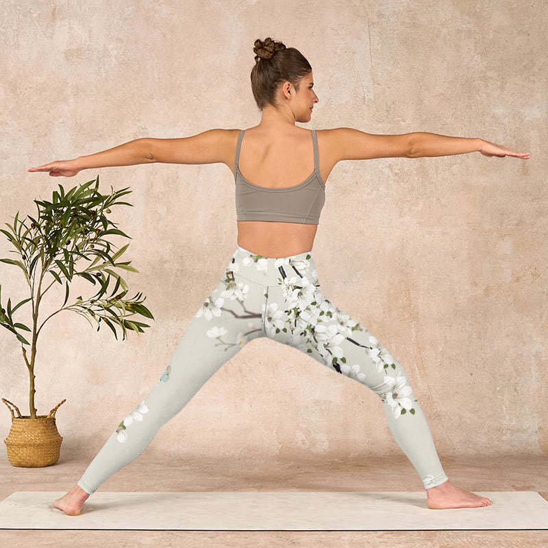 White Magnolia Flower Print Sports Fitness Leggings Women's Yoga Pants