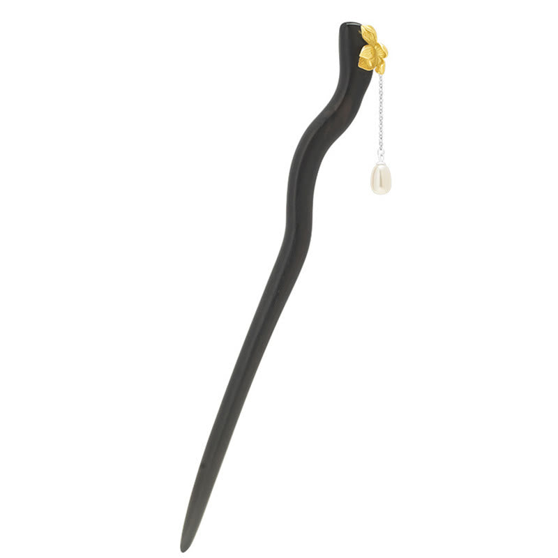 925 Sterling Silver Classical Chinese Style Ebony Lotus Flower Pearl Tassel Blessing Hairpin