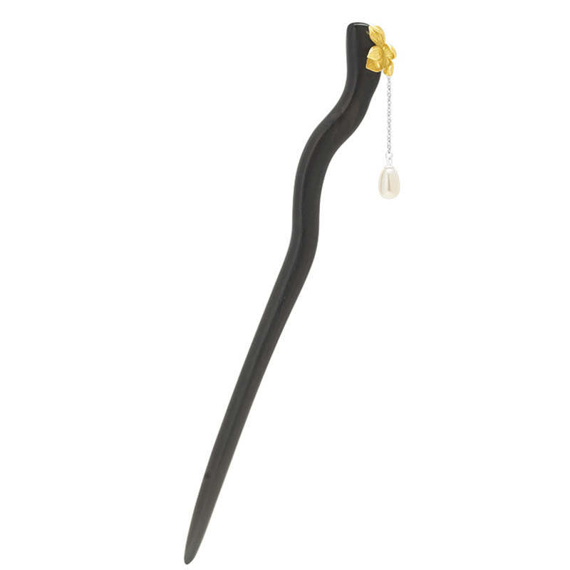 925 Sterling Silver Classical Chinese Style Ebony Lotus Flower Pearl Tassel Blessing Hairpin