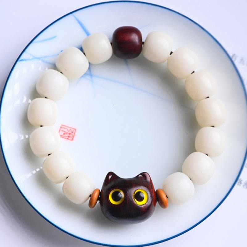 Natural Bodhi Seed Small Leaf Red Sandalwood Ebony Wood Cute Lucky Cat Wisdom Bracelet