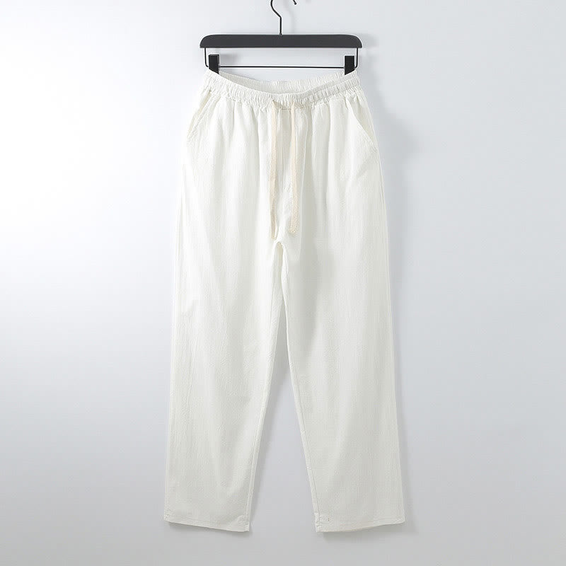 Solid Color Cotton Linen Casual Loose Men's Pants With Pockets
