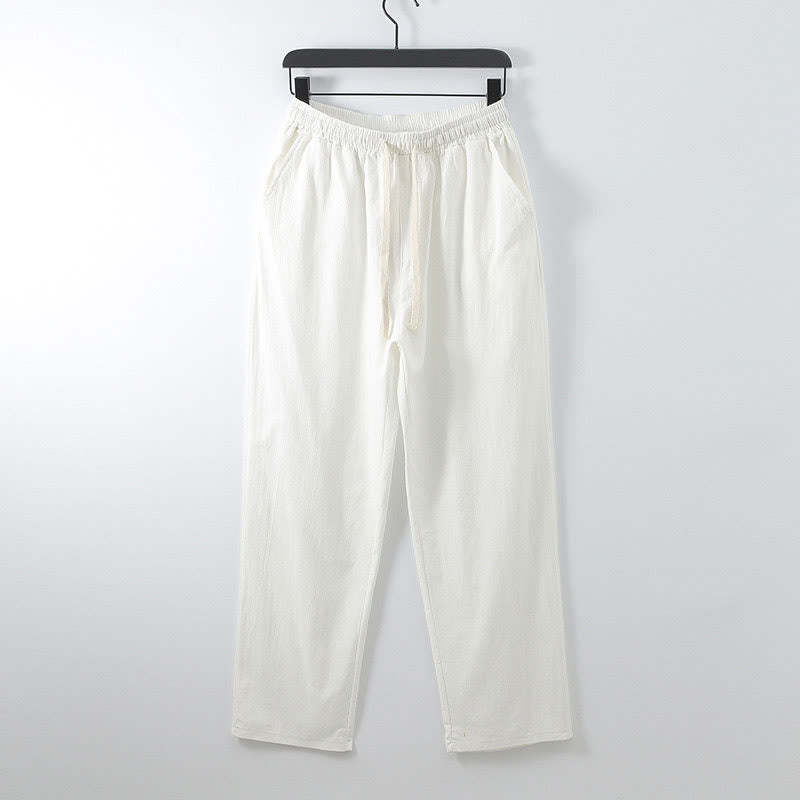 Solid Color Cotton Linen Casual Loose Men's Pants With Pockets