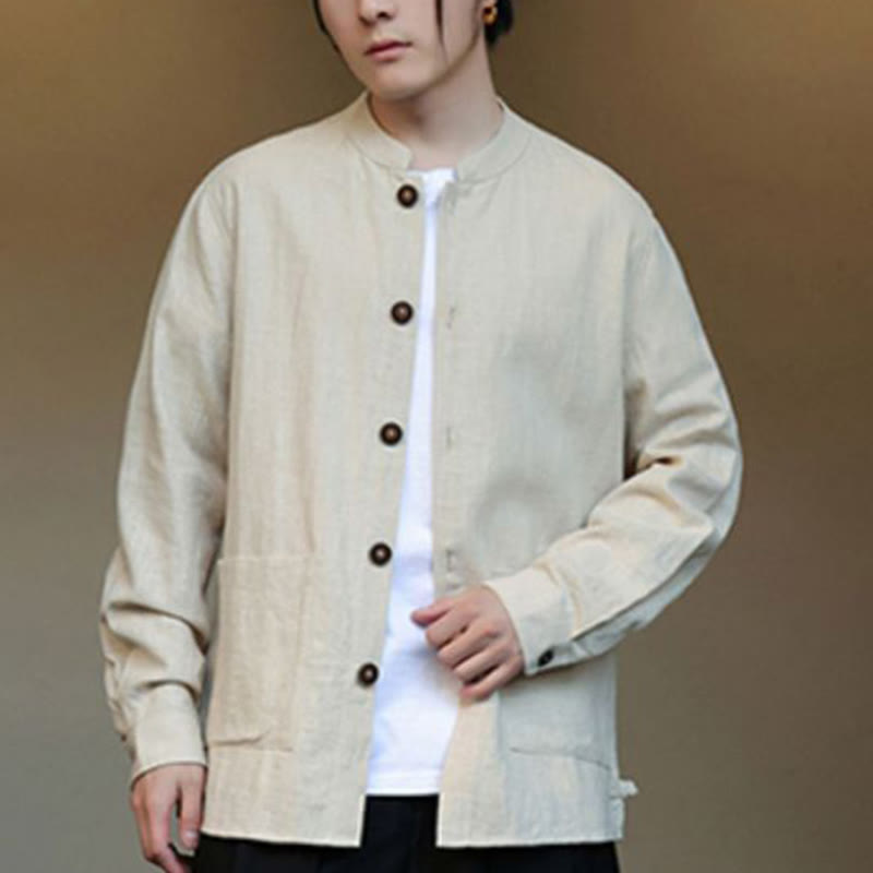 Men's Button Ramie Linen Cotton Fleece Lined Jacket Shirt With Pockets