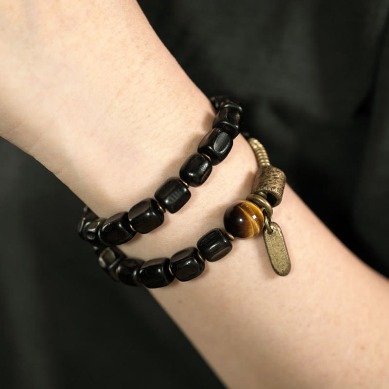 Ebony Wood Copper Brass Tiger Eye Peace Double Wrap Bracelet