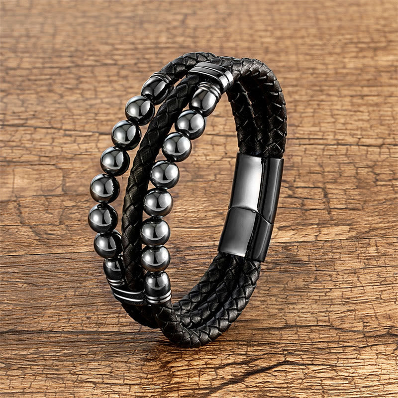 Tiger Eye Hematite Lava Rock Black Onyx Lazurite Beads Protection Strength Leather Bracelet