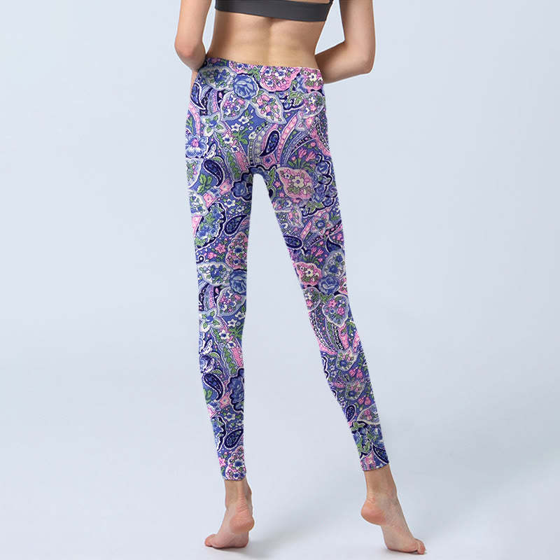 Purple Pink Cashew Flower Print Gym Fitness Leggings Women's Yoga Pants