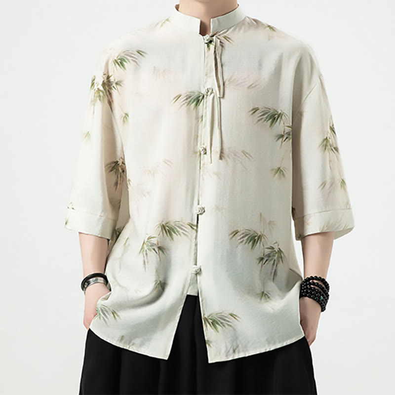 Green Yellow Bamboo Leaves Print Half Sleeve Shirt Men's T-shirt