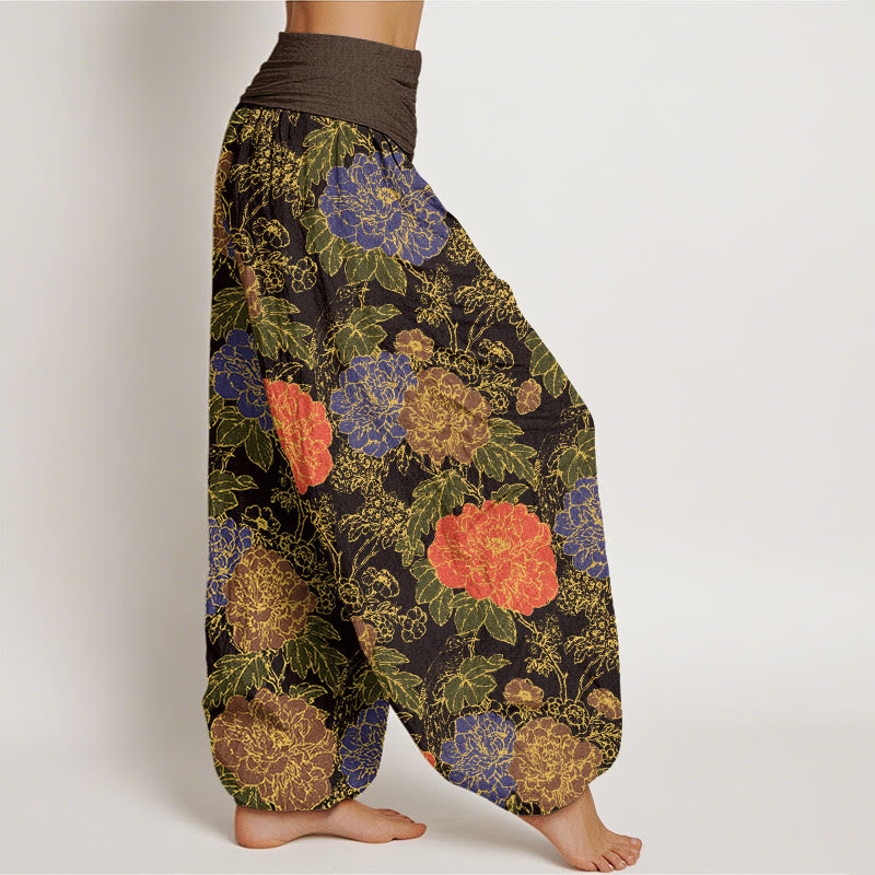 Peony Flowers Leaves Design Women's Elastic Waist Harem Pants
