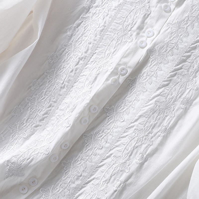 Summer Plain Button Embroidery Flower Pattern Three Quarter Sleeve Lapel Cotton Linen Women's Shirt