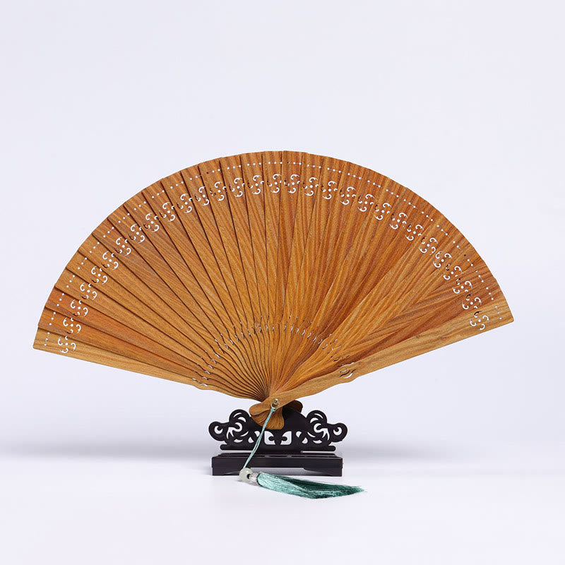 Auspicious Clouds Crane Peacock Chang'e Moon Engraved Pattern Handheld Green Sandalwood Folding Fan