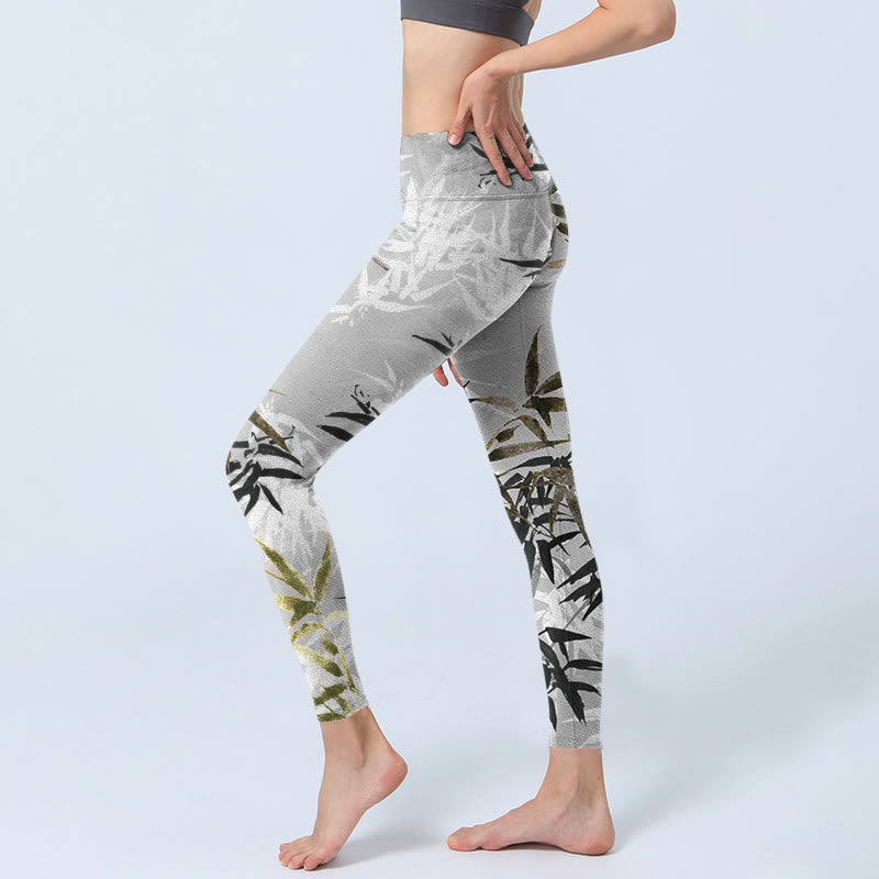 Dark Gray Bamboo Leaves Print Gym Leggings Women's Yoga Pants