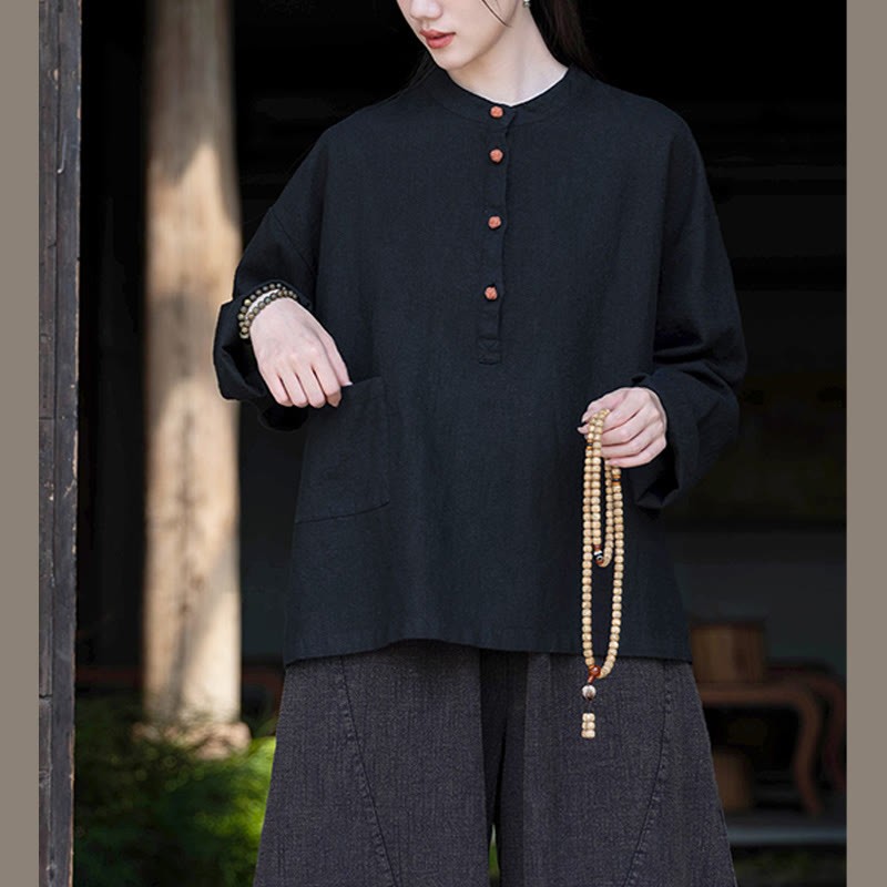 Solid Color Loose Button Blouse Long Sleeve Shirt Top