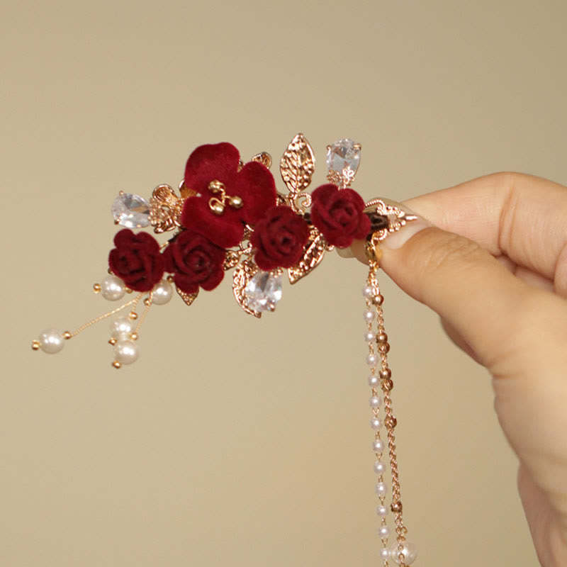 Retro Chinese Style Red Camellia Flower Tassel Side Hair Clip