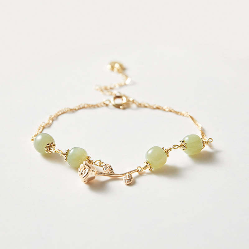 14K Gold Plated Hetian Jade Golden Rose Flower Luck Chain Bracelet