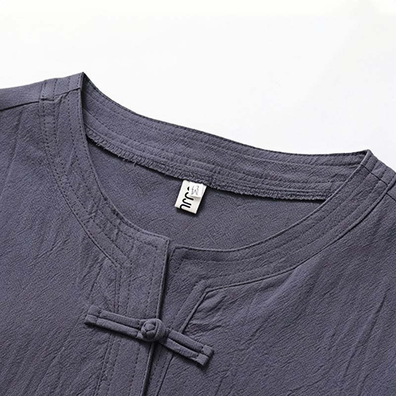 2Pcs Simple Design Chinese Frog-Button Shirt Drawstring Wide Leg Pants With Pockets Men's Meditation Cloth Set