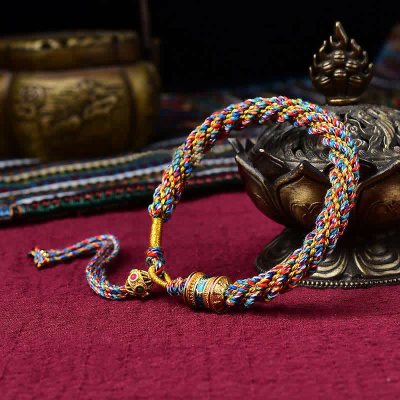 Tibetan Handmade Luck Thangka Prayer Wheel Charm Weave String Bracelet