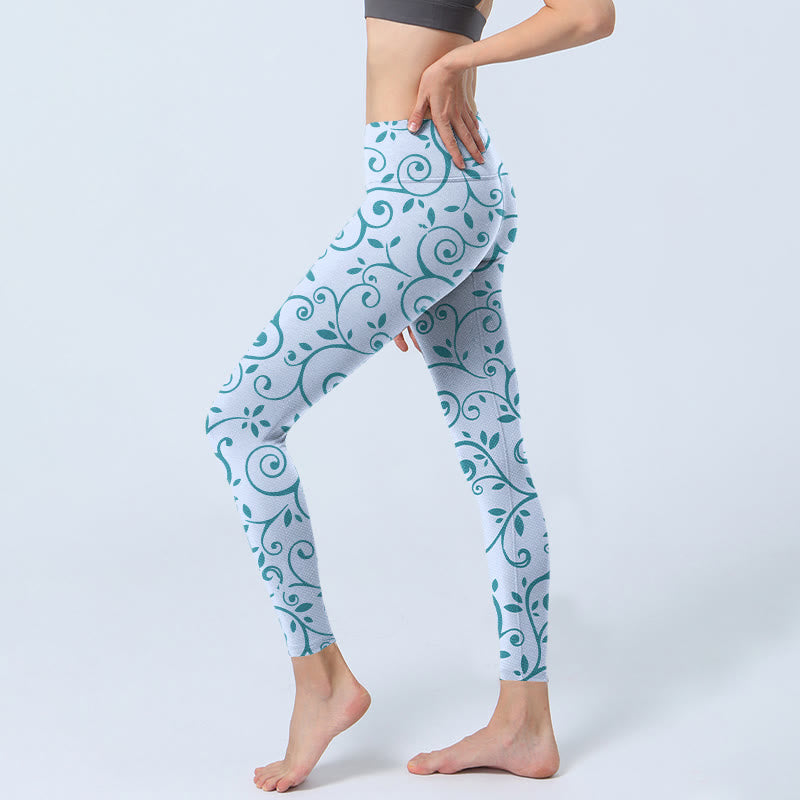 Blue Vine Leaves Print Gym Leggings Women's Yoga Pants