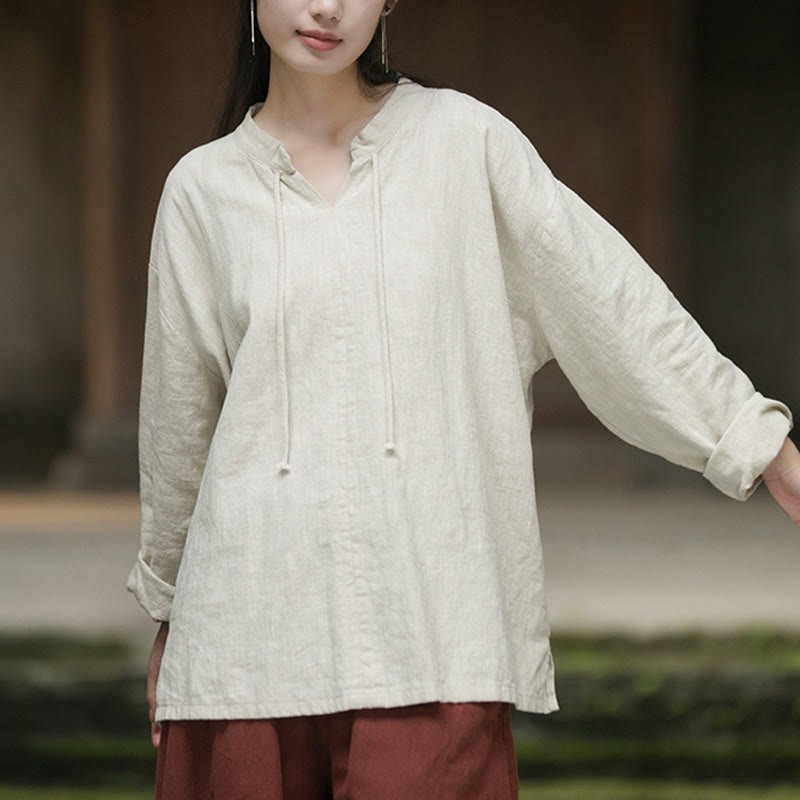 Retro Solid Color Long Sleeve Ramie Linen Women's Shirt