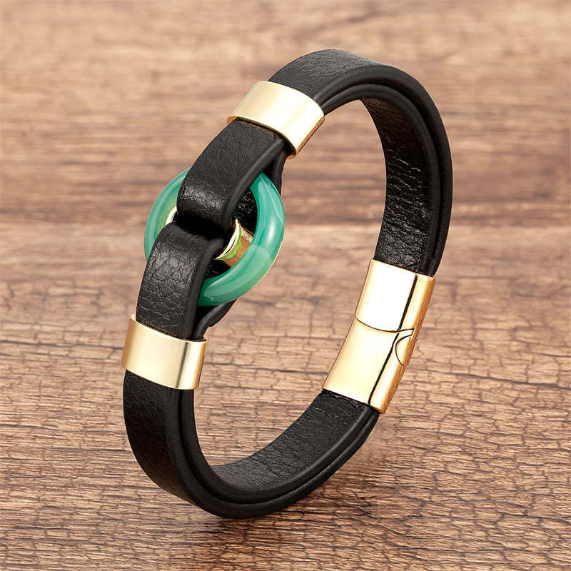 Round Green Aventurine Black Onyx Hematite Agate Rose Quartz Stone Balance Leather Magnetic Buckle Bracelet