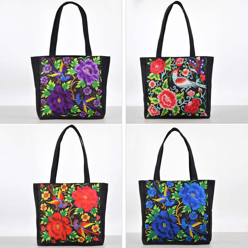 Galsang Magpie Peony Camellia Chrysanthemum Embroidery Canvas Shopping Purse Handbag Shoulder Bag