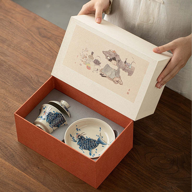 Koi Fish Arowana Ceramic Gaiwan Sancai Teacup Kung Fu Tea Cup With Lid 130ml