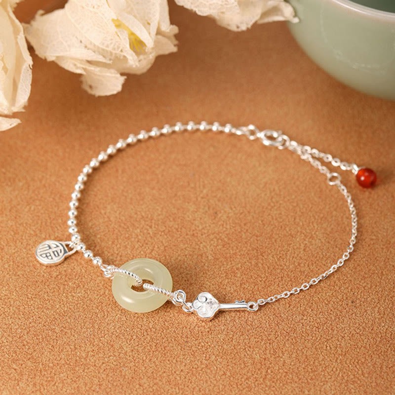 925 Sterling Silver Hetian Jade Peace Buckle Fu Character Luck Chain Bracelet