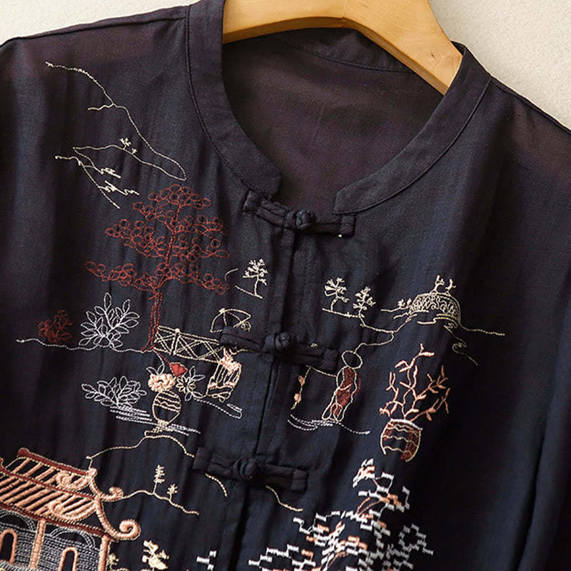 Casual Women's Frog-Button Embroidered Plant Crew Neck Design Three Quarter Sleeve Cotton Shirt