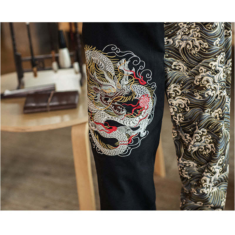 Dragon Pattern Two-tone Men's Pants With Pockets