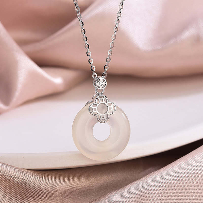925 Sterling Silver Natural Hetian White Jade Chalcedony Coin Peace Buckle Luck Necklace Pendant