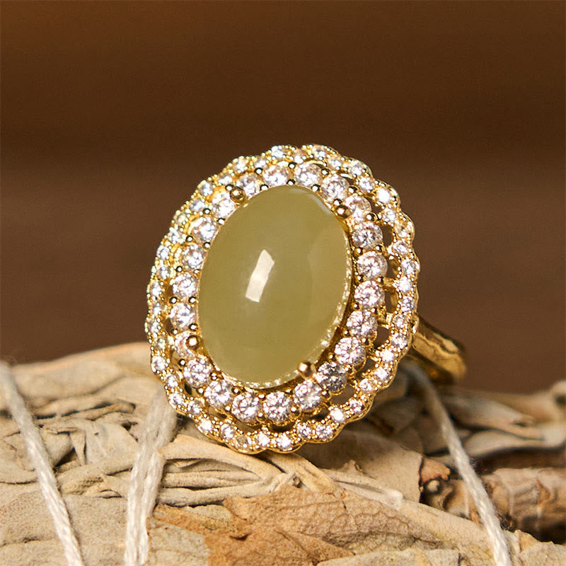 Natural Hetian Jade Egg Hollow Double Circle Zirconia Copper Open Abundance Ring