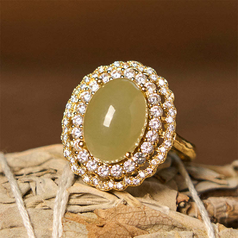Natural Hetian Jade Egg Hollow Double Circle Zirconia Copper Open Abundance Ring