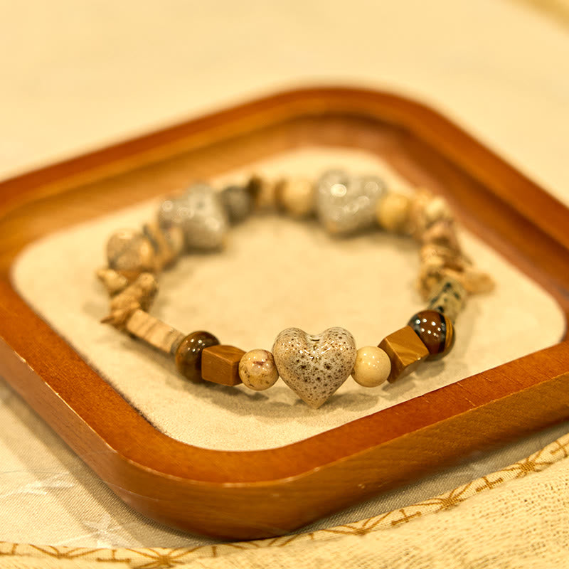 Natural Dalmatian Jasper Stone Heart Shape Ceramics Bracelet