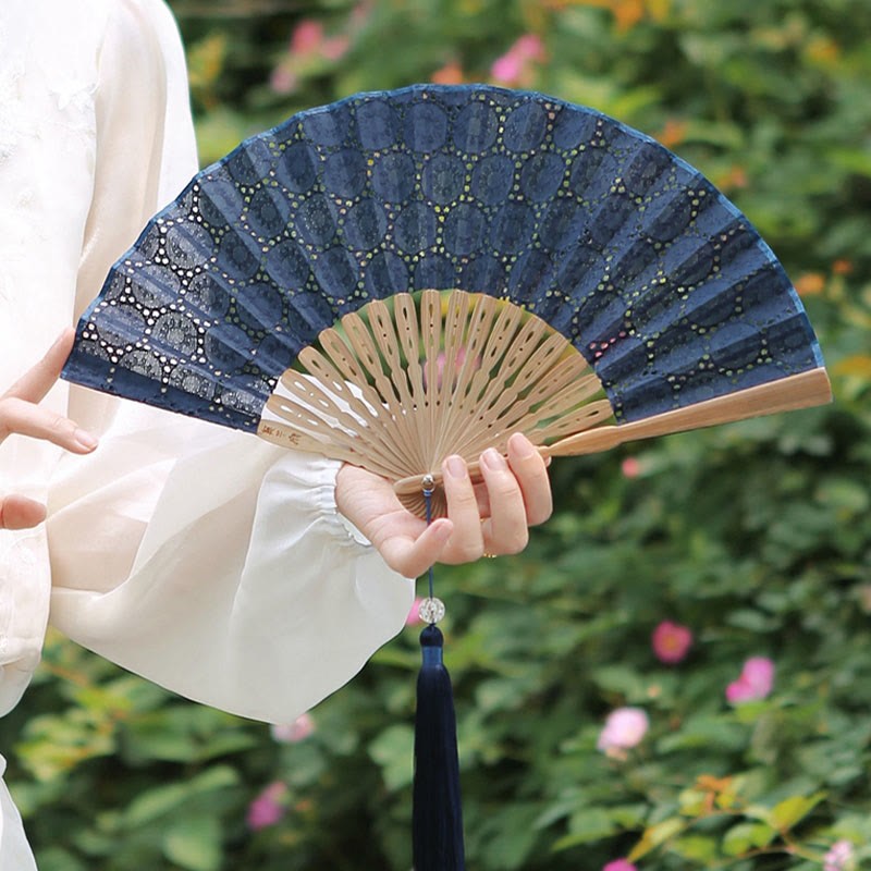 Solid Color Hollow Flowers Embroidery Cotton Fabric Handheld Bamboo Folding Fan