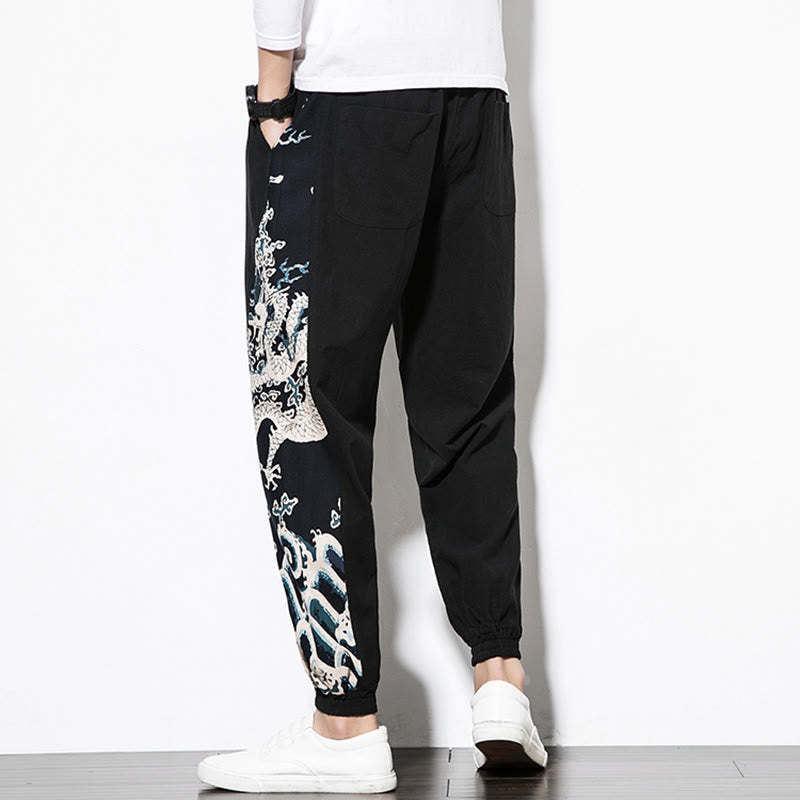 Summer Dragon Waves Cotton Men's Pants With Pockets