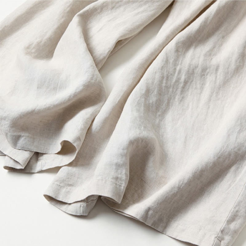 Plain Color Cotton Linen High Waist Wide Leg Pants With Pockets