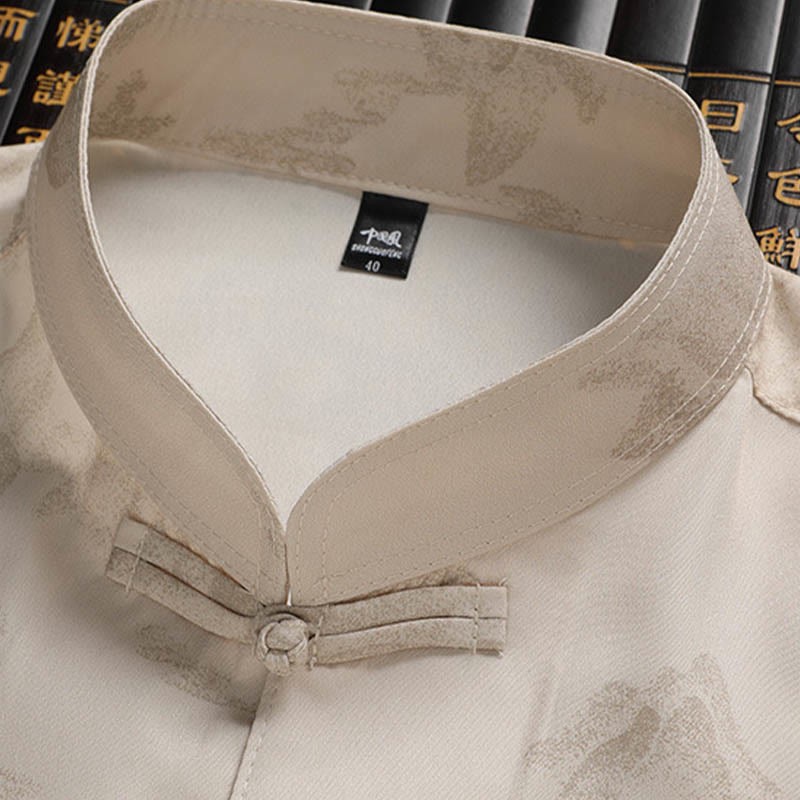 Mountains Trees Tang Suit Hanfu Traditional Uniform Short Sleeve Top Pants Clothing Men's Set