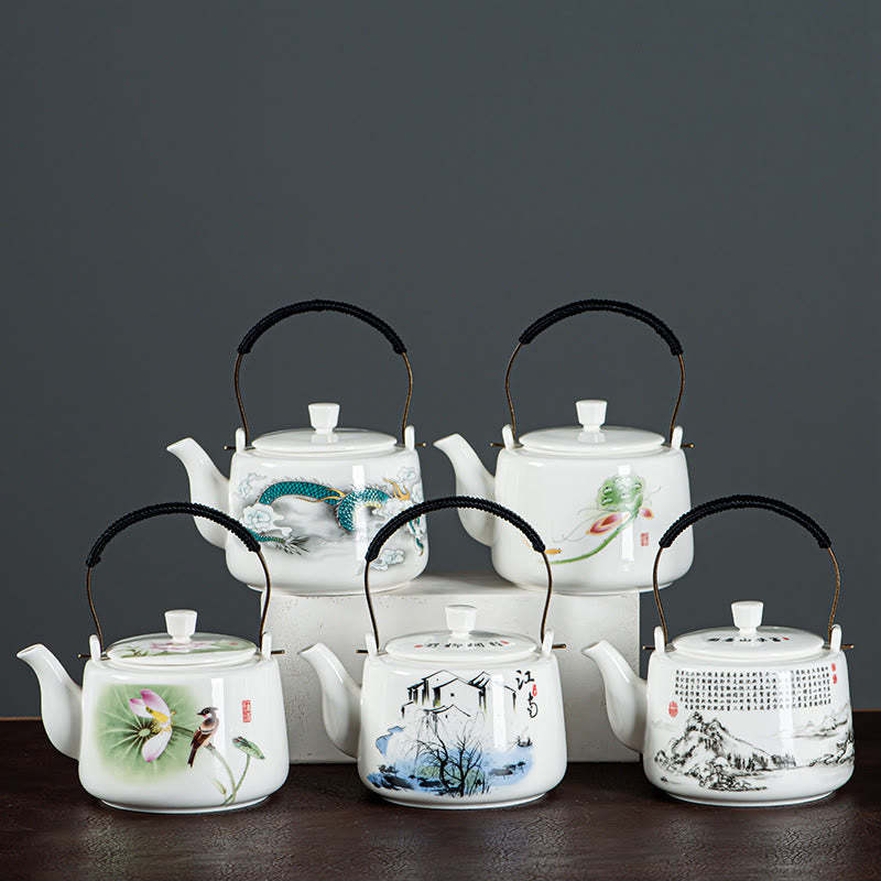 Vintage Dragon Mountain Fisherman Landscape White Porcelain Ceramic Kung Fu Teapot