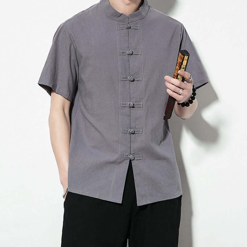Casual Solid Color Front Frog Buttons Chinese Tang Suit Short Sleeve Linen Men's Shirt