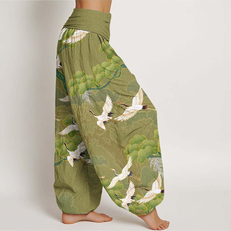 Crane Pine Tree Totem Pattern Women's Elastic Waist Harem Pants