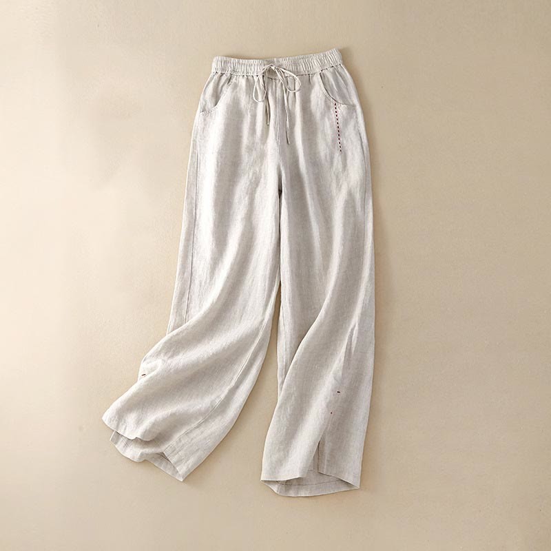 Casual Cotton High Waist Lace-up Slit Wide Leg Pants With Pockets
