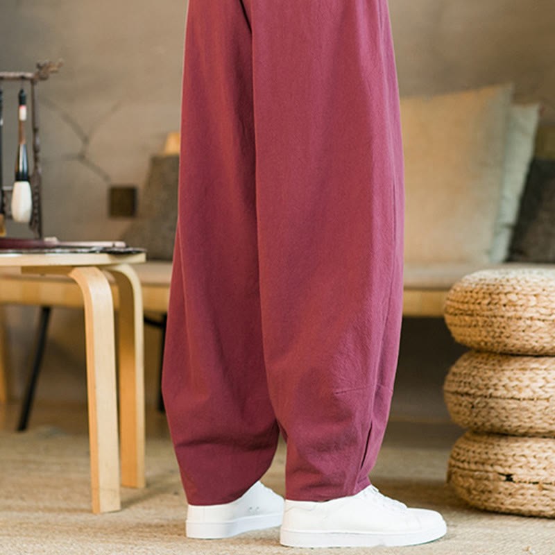 Solid Color Cotton Linen Drawstring Men's Harem Pants With Pockets