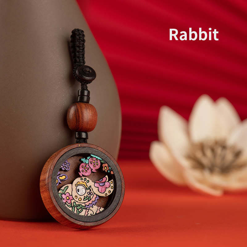 Year Of The Dragon Hand Painted Chinese Zodiac Rosewood Carved Calm Key Chain