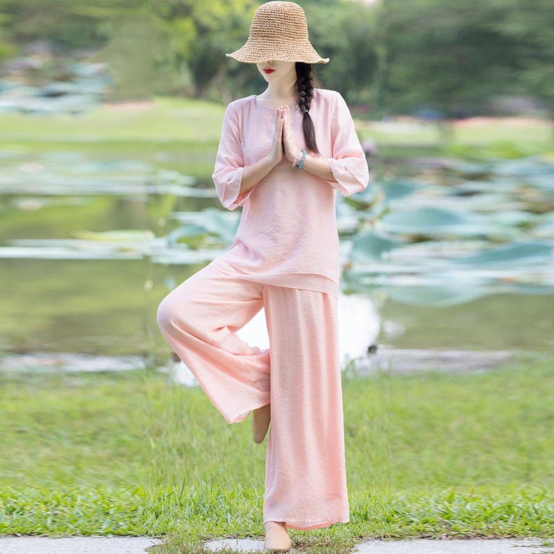 2Pcs Plain Design Top Pants Meditation Yoga Zen Tai Chi Cotton Linen Clothing Women's Set