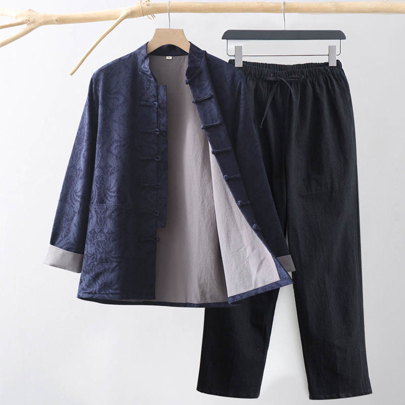 2Pcs Men's Tang Suit Jacquard Vine Pattern Frog-Button Cotton Long Sleeve Shirt Pants Set