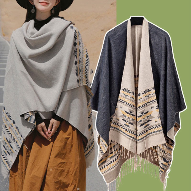 Tibetan Geometric Rhombus Pattern Tassels Shawl Fall Winter Warm Cozy Scarf Wrap