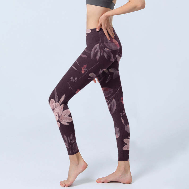 Purple White Flowers Leaves Blossom Print Gym Fitness Leggings Women's Yoga Pants