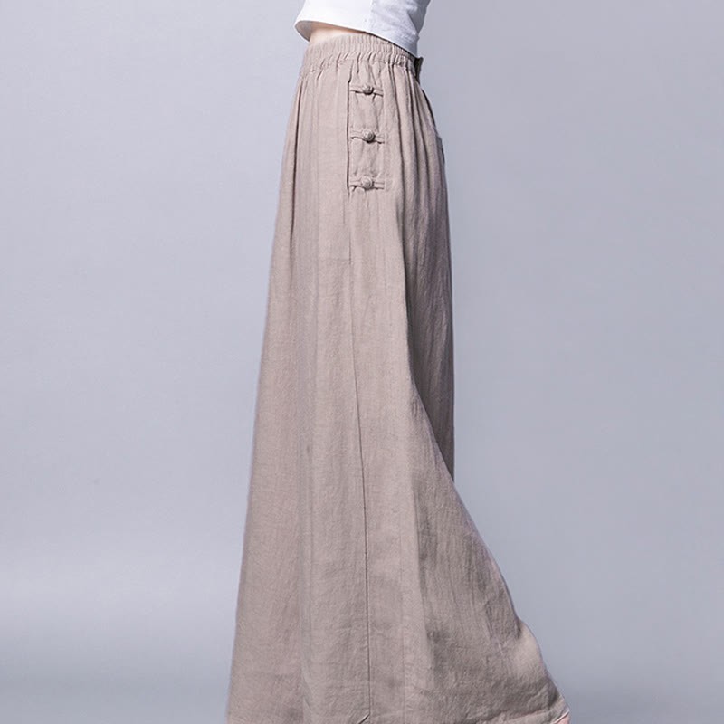 Casual Cotton Frog-Button High Waist Wide Leg Pants With Pockets