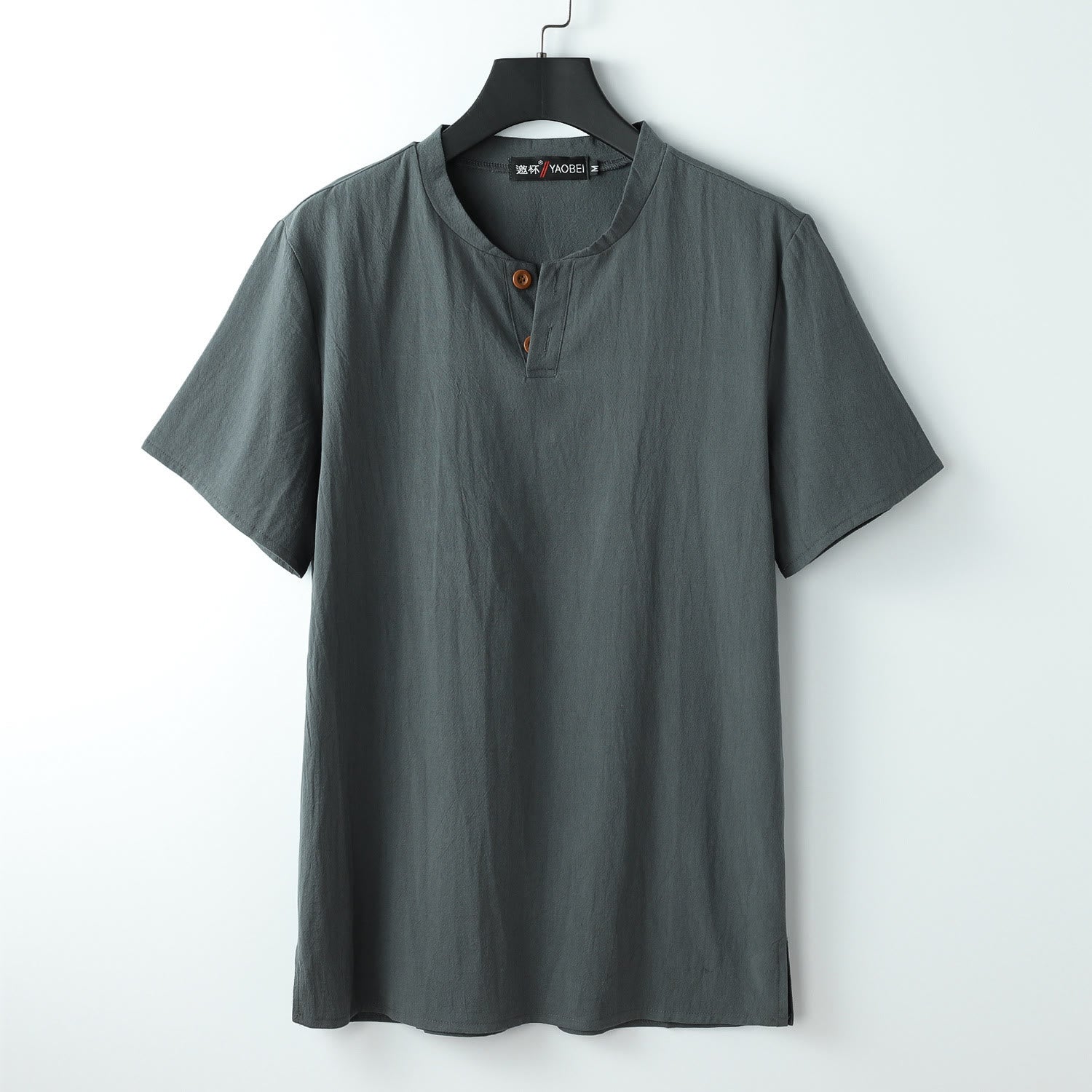 Loose Men's T-shirt Solid Color Top Short Sleeve Button Notched Neck Soft Cotton Linen Shirt
